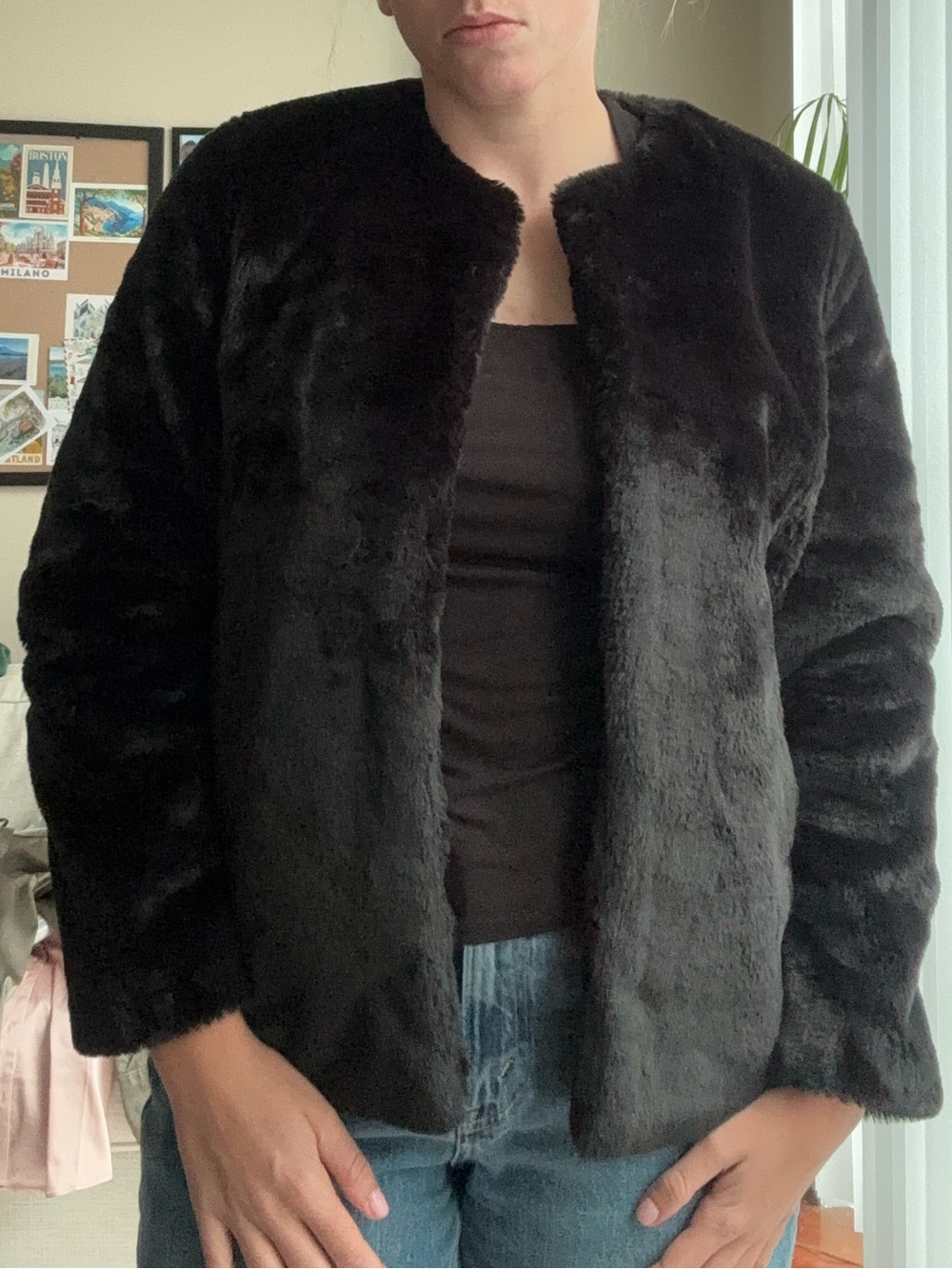 Express Black Plush Faux Fur Open-Front Teddy Jacket